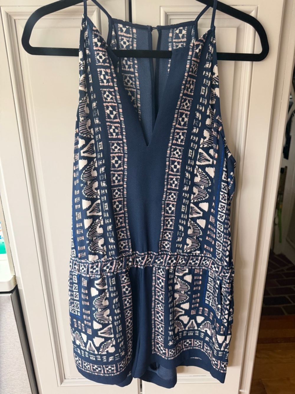 BCBG Max Azeia Navy and White Printed Halter Romper